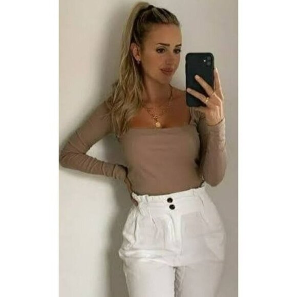 2/$30 Zara Tan Caramel Square Neckline Ribbed‎ Crop Top Long Sleeves Size Large - Picture 6 of 14